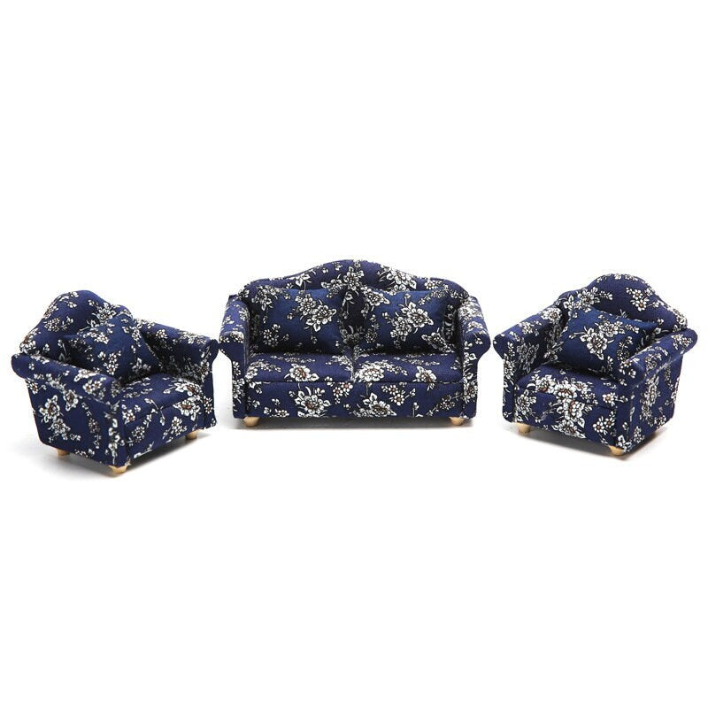 1:12 Scale Miniature 3 piece Vintage Floral Mini Blue Sofa Couch Double Armchair Set Cushion Pillow Lounge Model Dollhouse Furniture