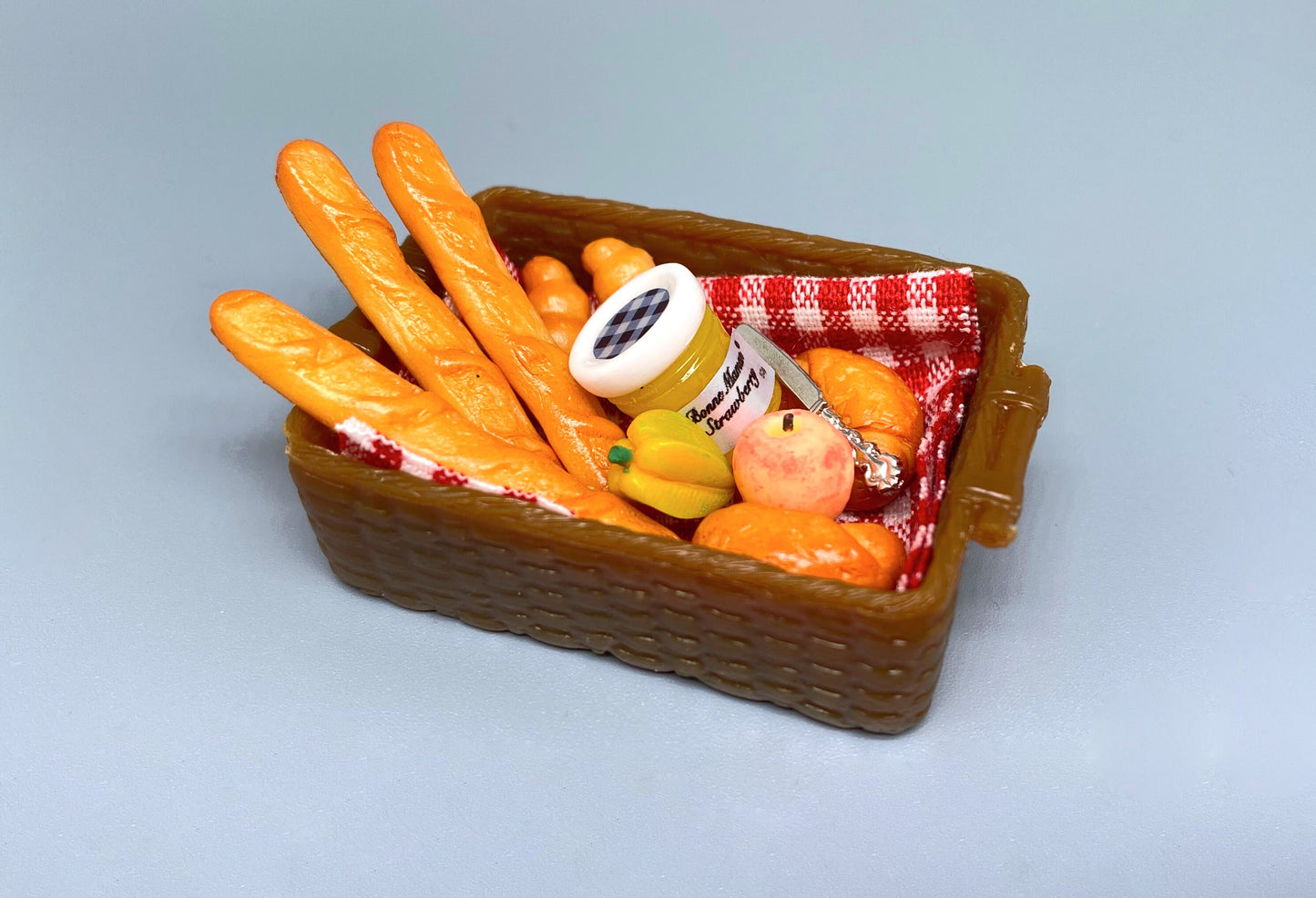 Miniature Food Baskets. Bread Nutella Fruit Jam. Picnic Dollhouse Accessories 1:12 Scale