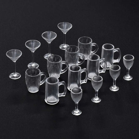 1:12 Scale Miniature Drinking Glasses (16 Pieces).  Handmade Dollhouse Kitchen Accessories