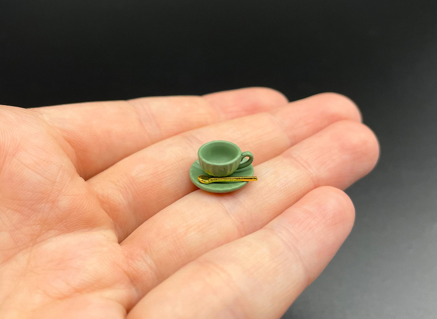 Miniature Coffee Cup, Saucer, Spoon. (Yellow, Blue, Green, Purple or Brown) 1:12 Scale