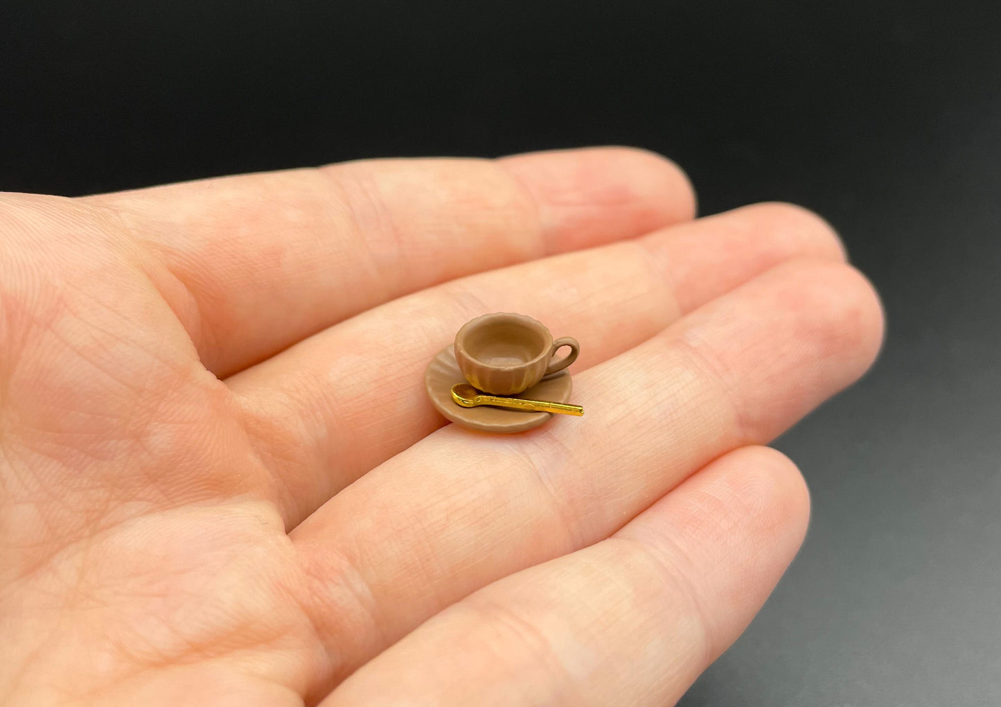 Miniature Coffee Cup, Saucer, Spoon. (Yellow, Blue, Green, Purple or Brown) 1:12 Scale