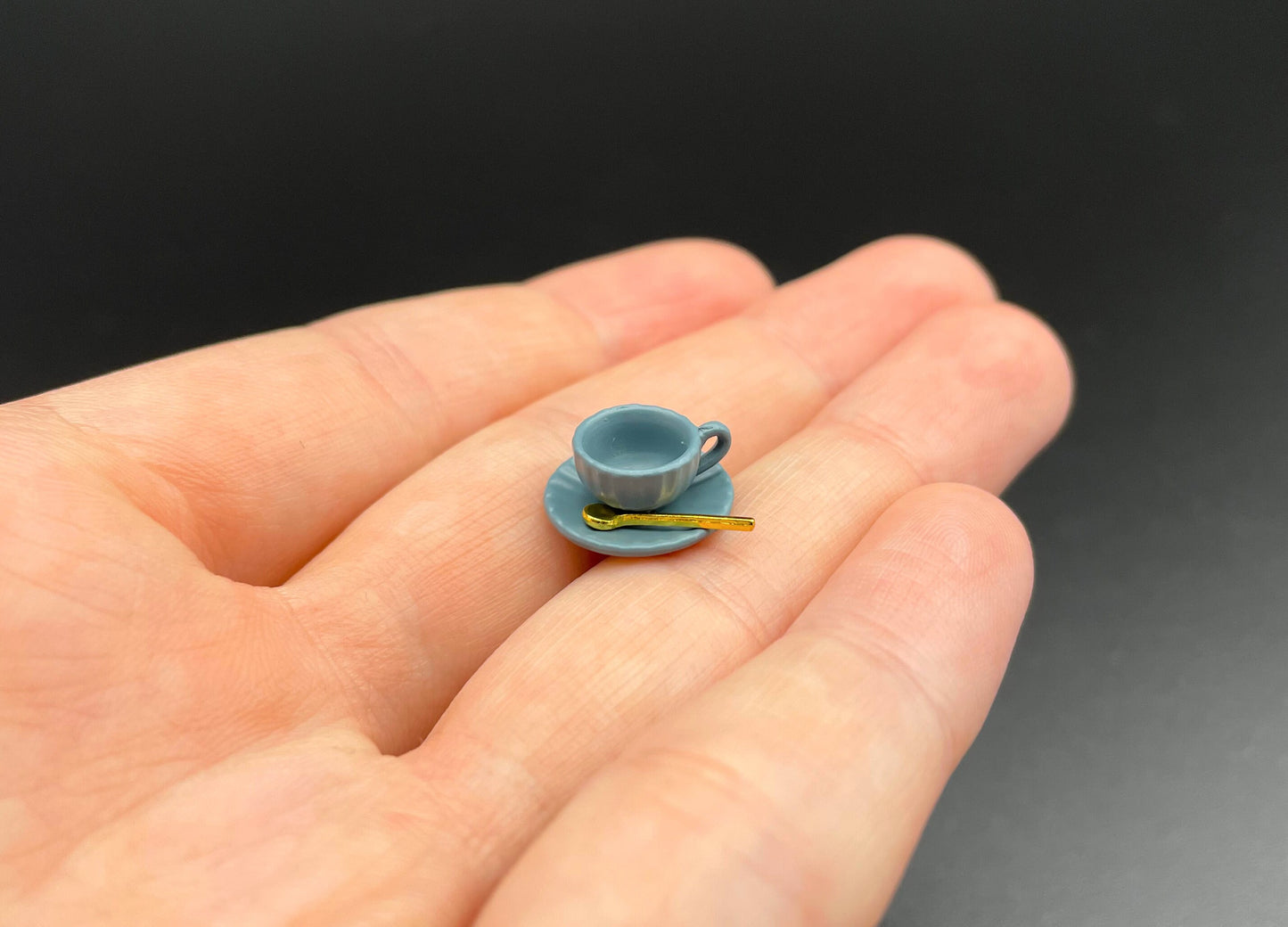 Miniature Coffee Cup, Saucer, Spoon. (Yellow, Blue, Green, Purple or Brown) 1:12 Scale
