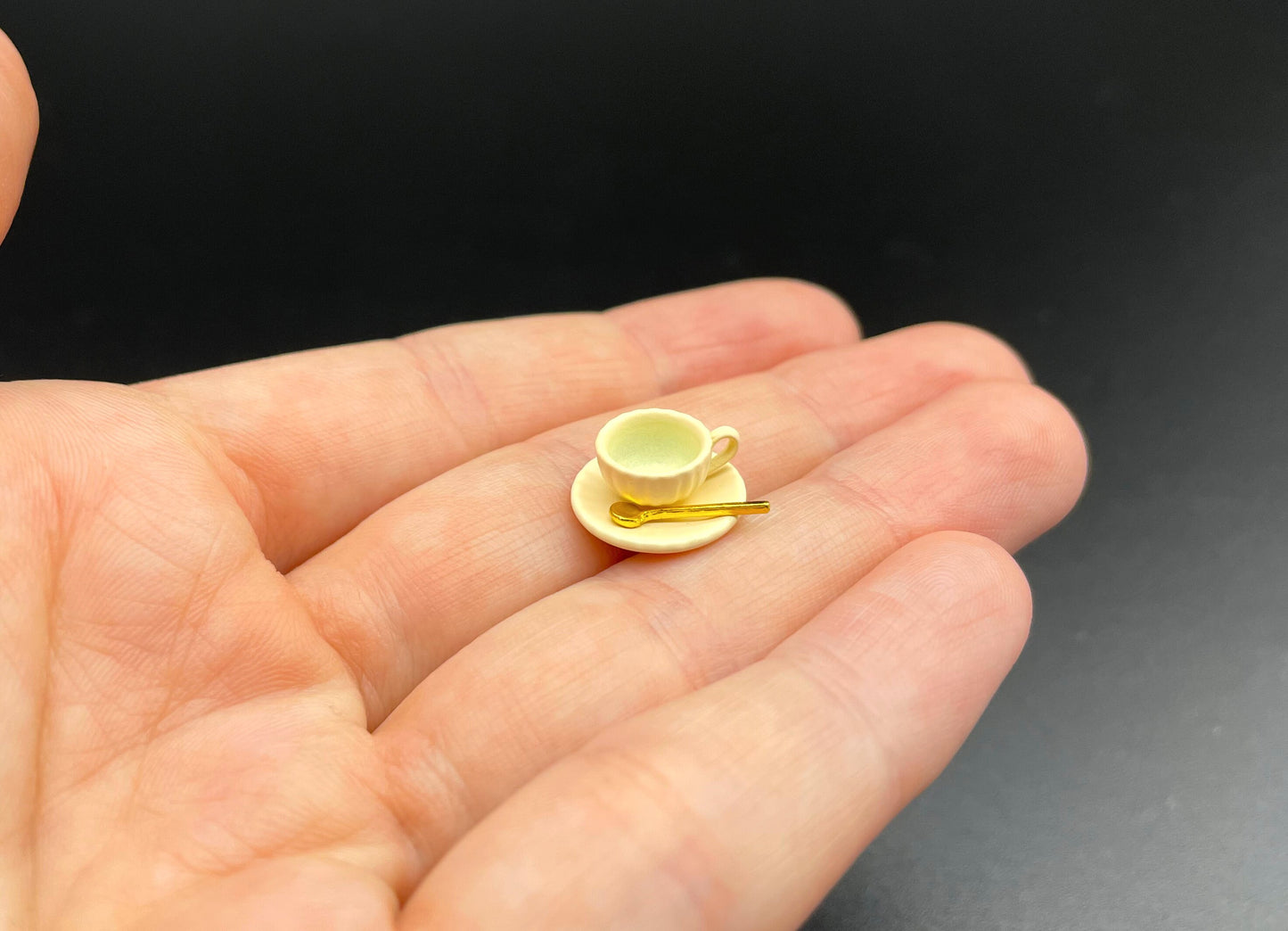 Miniature Coffee Cup, Saucer, Spoon. (Yellow, Blue, Green, Purple or Brown) 1:12 Scale