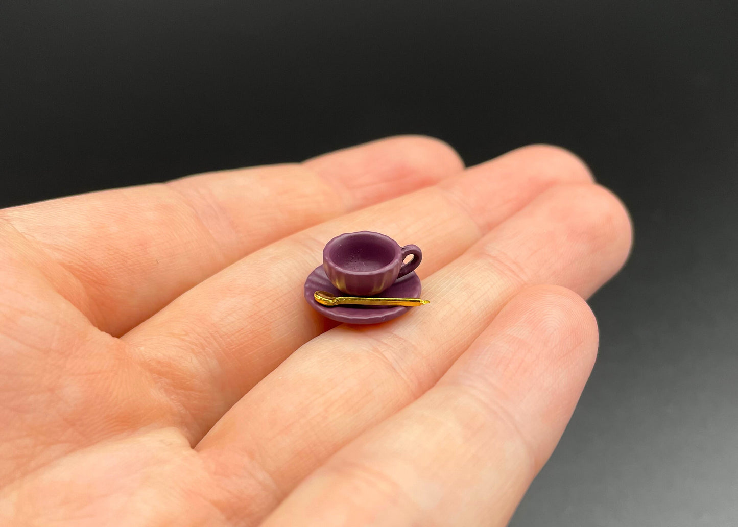 Miniature Coffee Cup, Saucer, Spoon. (Yellow, Blue, Green, Purple or Brown) 1:12 Scale