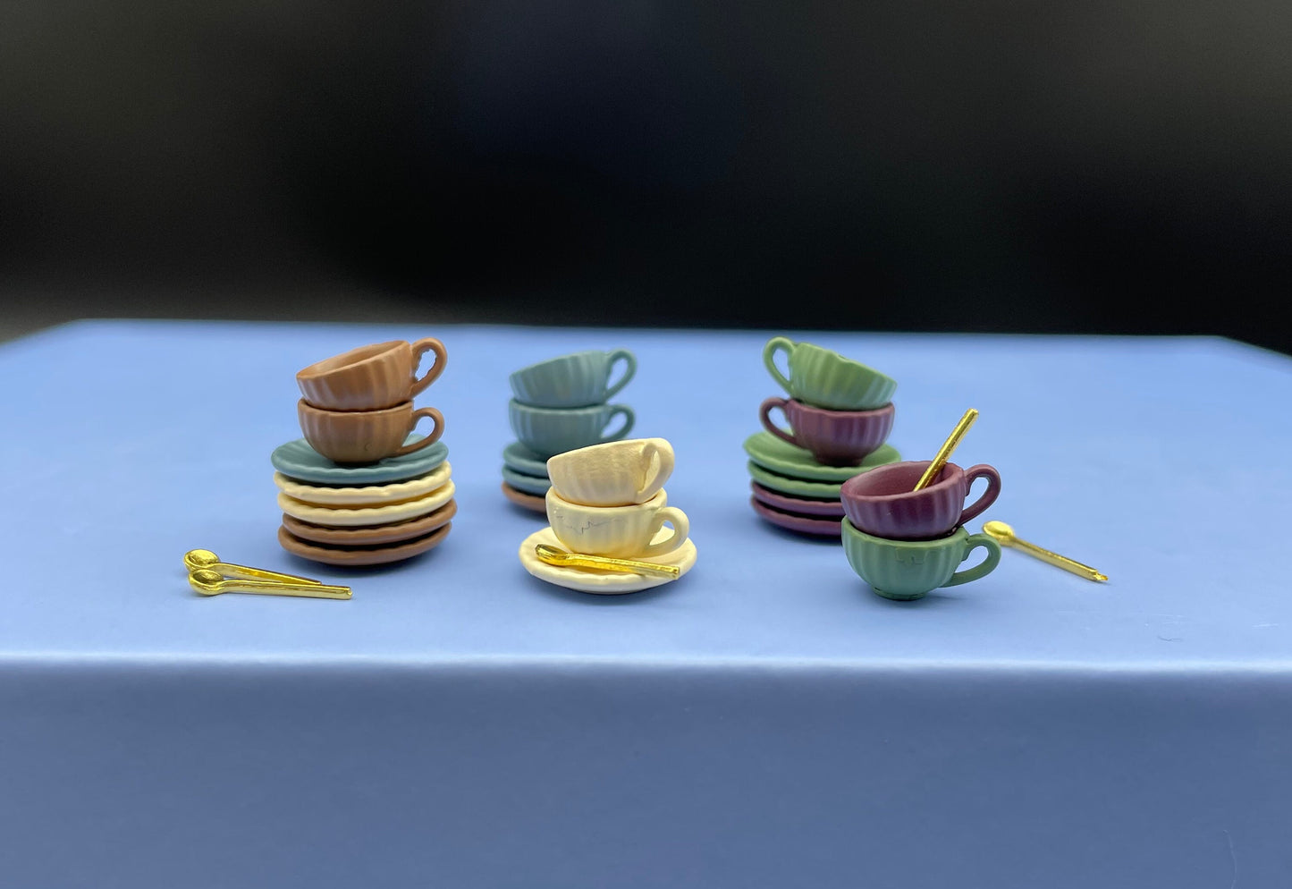Miniature Coffee Cup, Saucer, Spoon. (Yellow, Blue, Green, Purple or Brown) 1:12 Scale