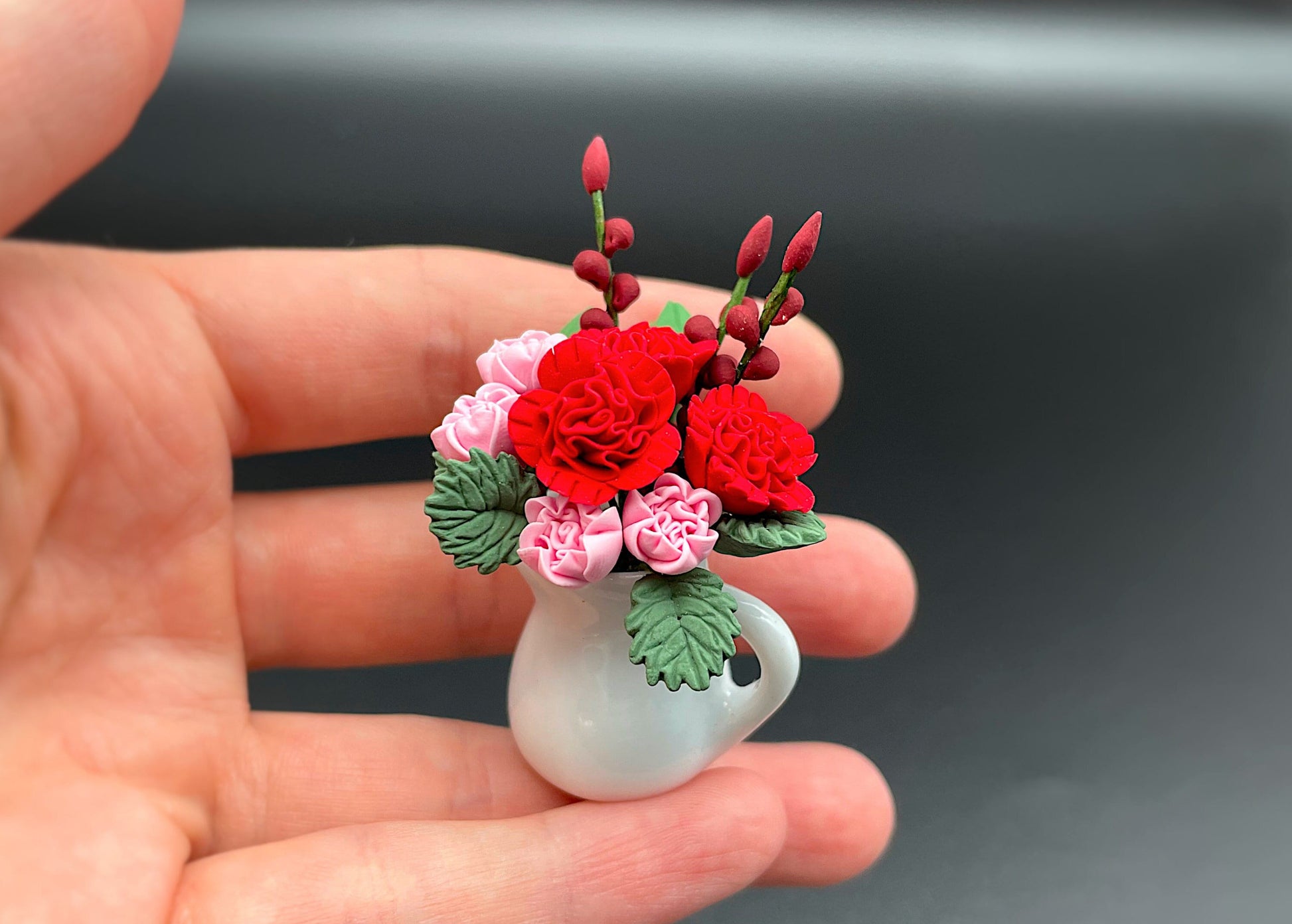 Miniature Flower Set Roses Vase Plant 1:12 Scale Dollhouse