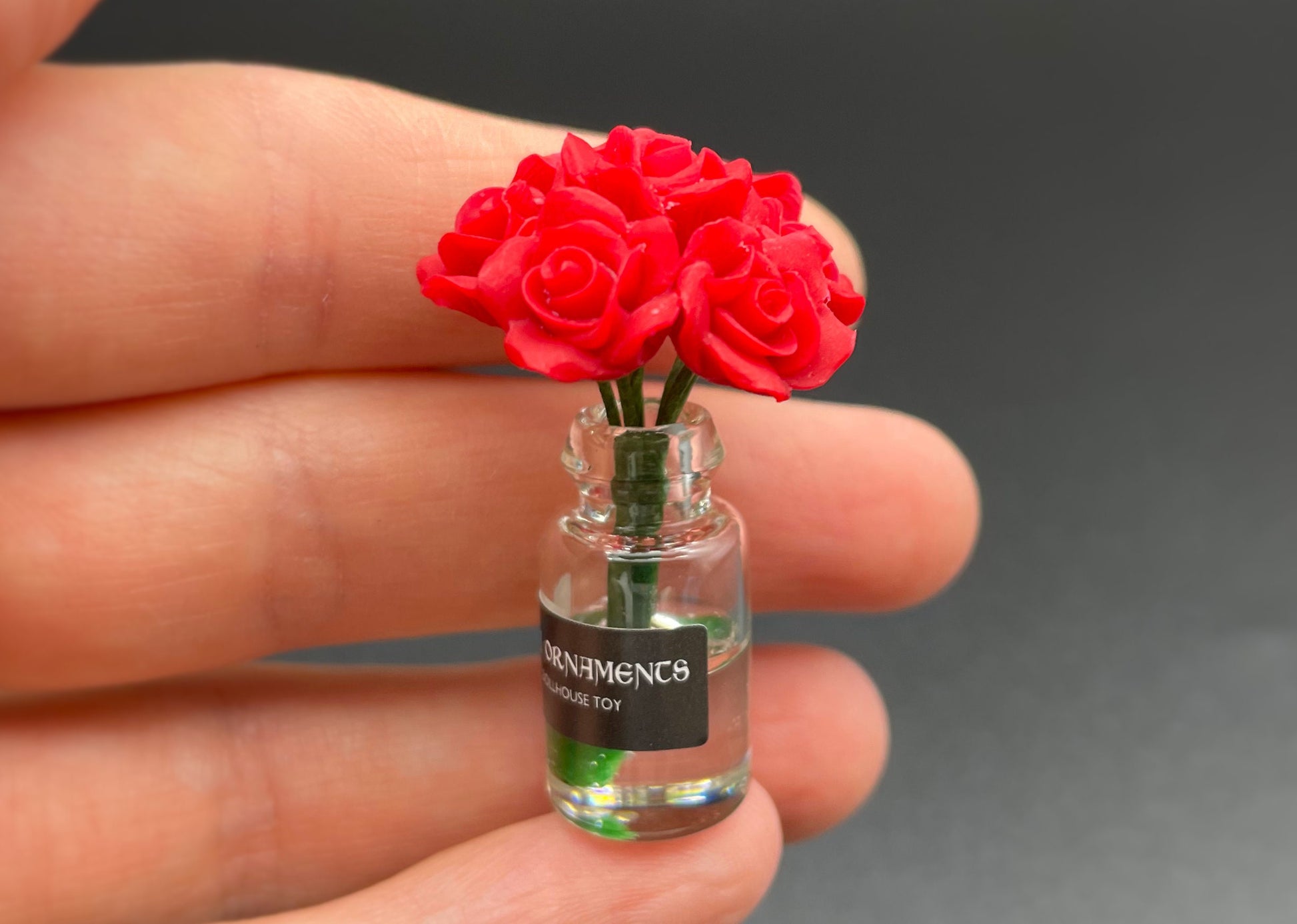 Miniature Flower Vase with Roses 1:12 Scale Dollhouse Angle View