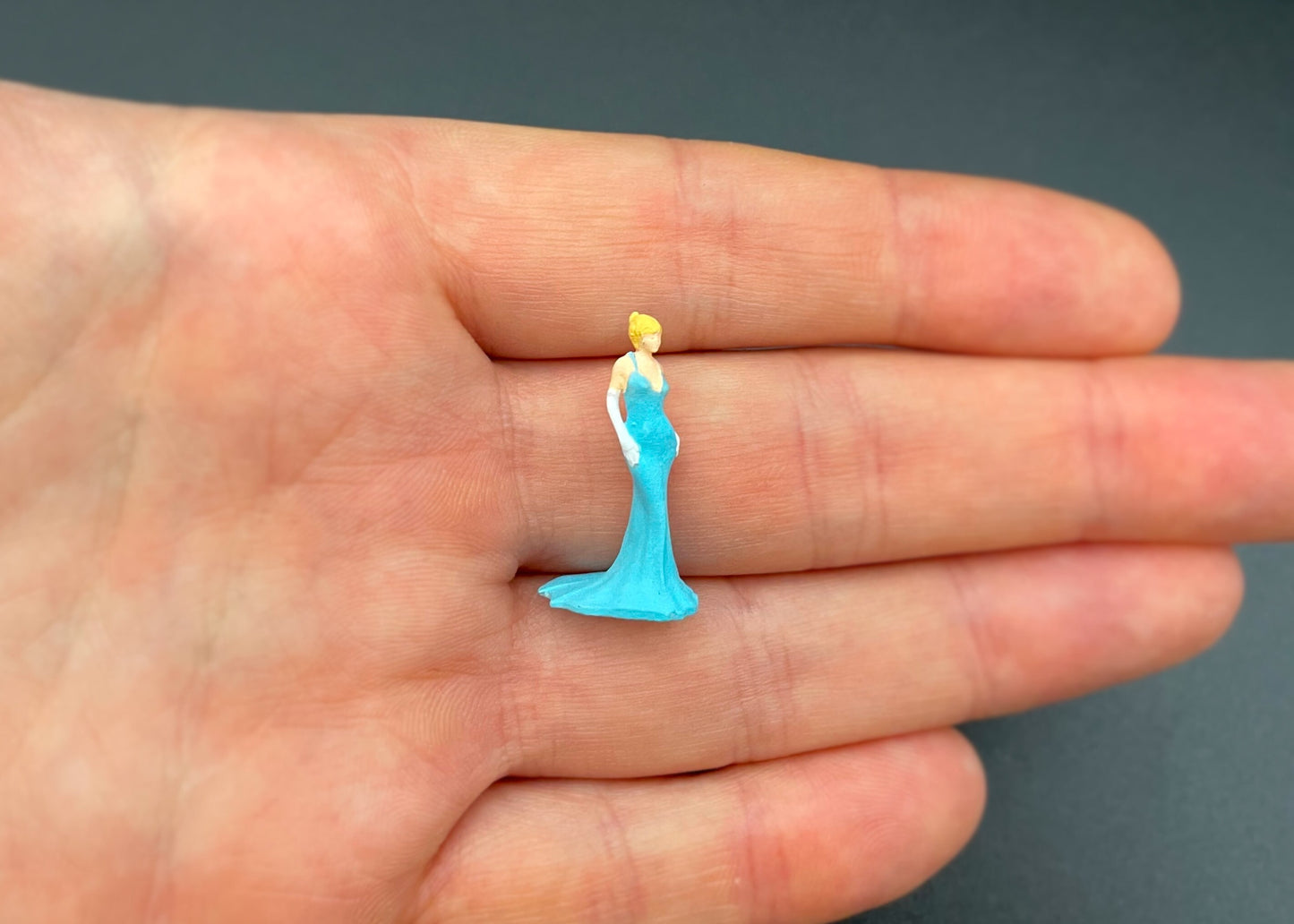Miniature Princess in Blue Ball Room Dress. 1:64 Scale Human Figure