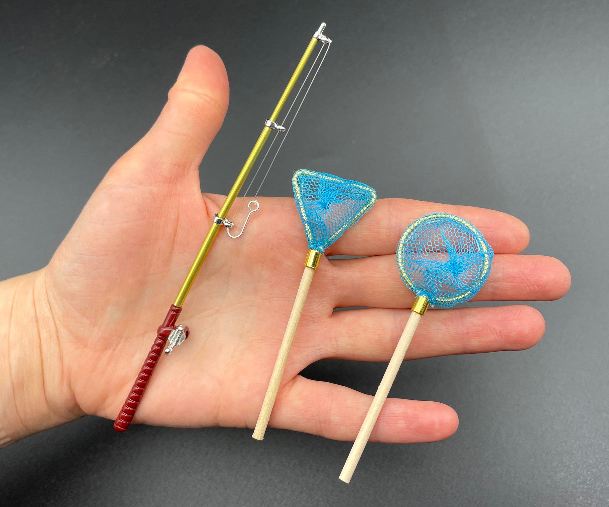 Miniature Fishing Rods and Nets. Blue or Green. 1:12 Scale