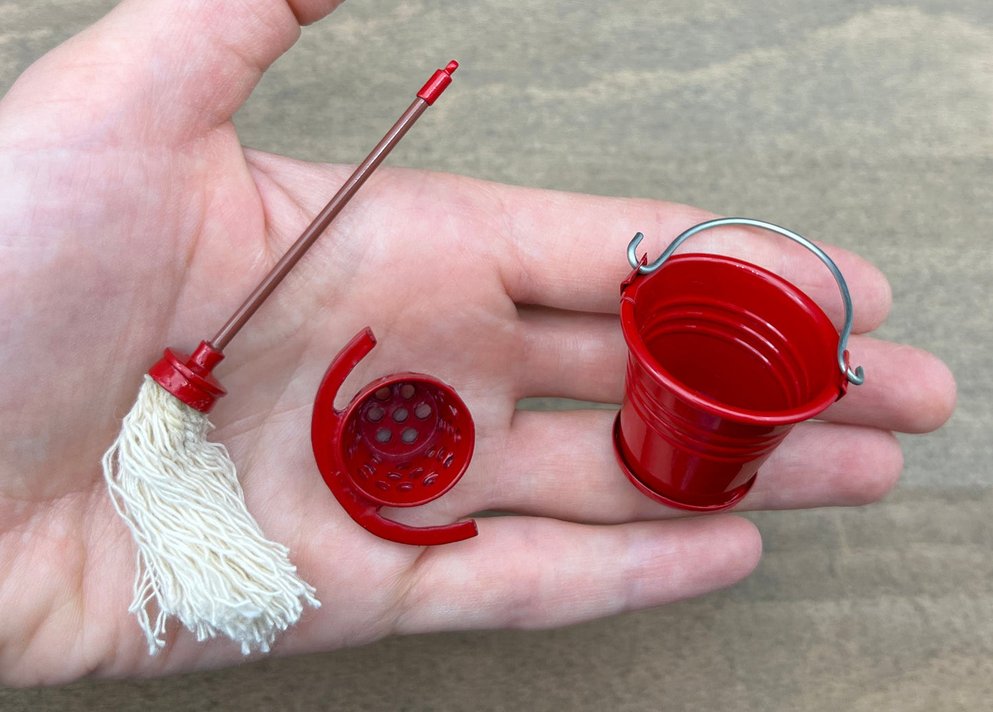 Miniature Mop and Bucket / Dustpan and Brush. Dollhouse Accessories. 1:12 Scale