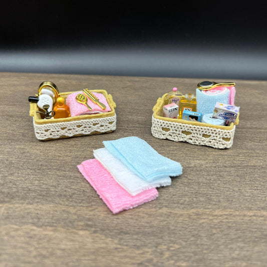 Miniature Mini Toiletry Baskets and Towels. Bathroom Accessories. 1:12 Scale
