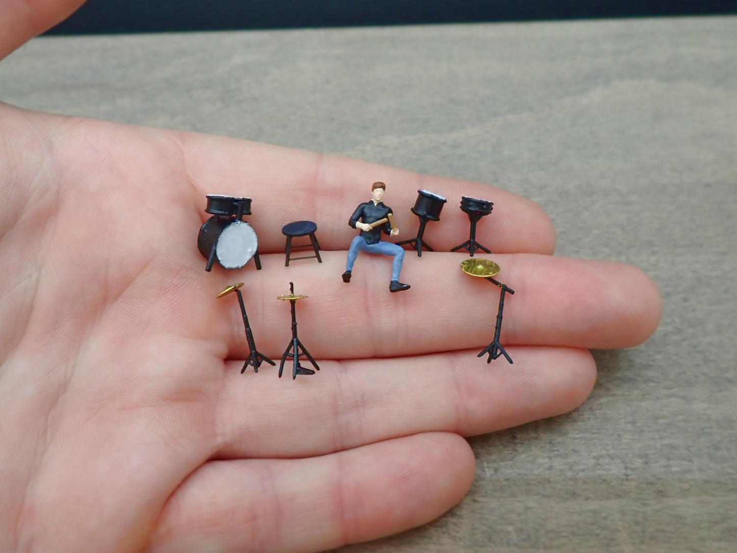 Miniature Drummer and Drum Kit. 8 Pieces. 1:64 Scale Model Figure