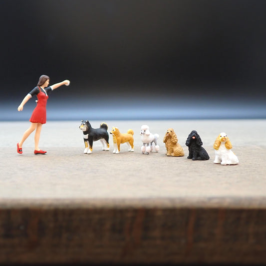 Miniature Shiba Inu, Cocker Spaniel and Poodle Dog Figures. 1:64 and 1/87 Scale.