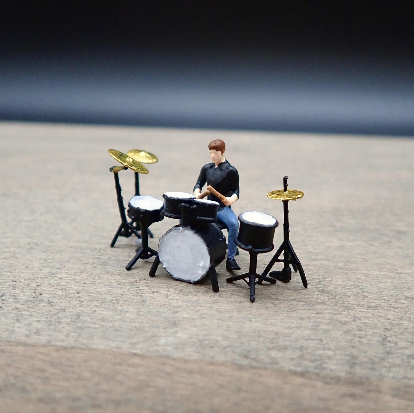 Miniature Drummer and Drum Kit. 8 Pieces. 1:64 Scale Model Figure