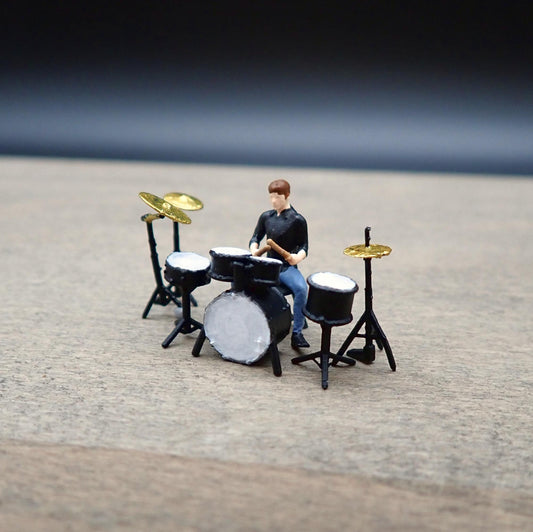 Miniature Drummer and Drum Kit. 8 Pieces. 1:64 Scale Model Figure