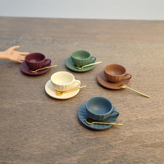 1:6 Scale Coffee Cup, Saucer, Spoon. (Yellow, Blue, Green, Purple or Brown). Realistic Miniature Kitchen Accessories