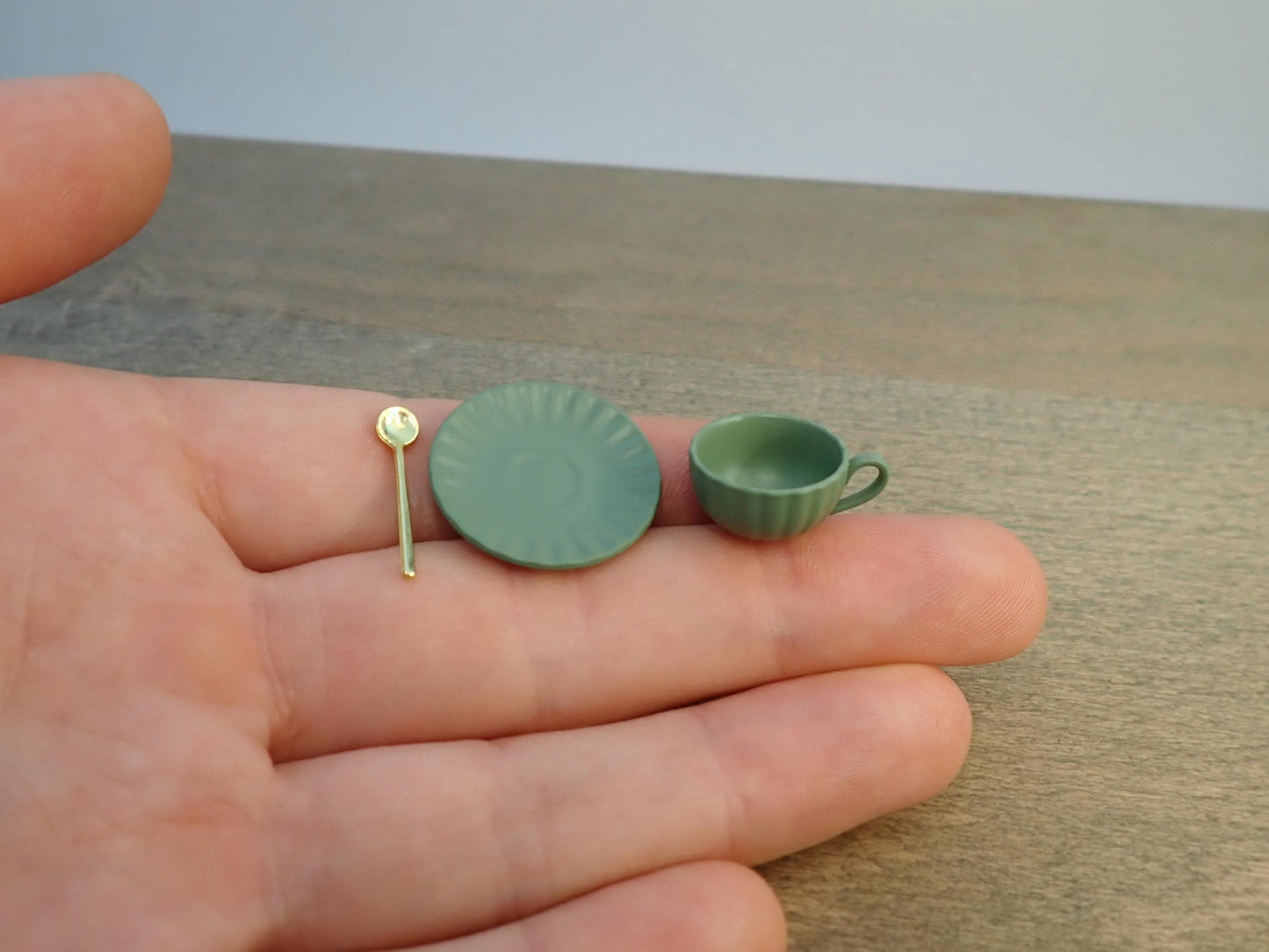 1:6 Scale Coffee Cup, Saucer, Spoon. (Yellow, Blue, Green, Purple or Brown). Realistic Miniature Kitchen Accessories