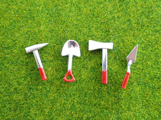 Miniature Tools. Hammer, Spade, Axe and Trowel. 1:12 Scale Dollhouse Accessories