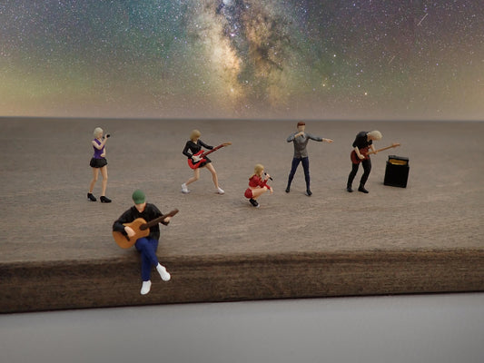 Miniature Music Band Figures. 1:64 Scale. Guitar, Bassist, Amp, Singer