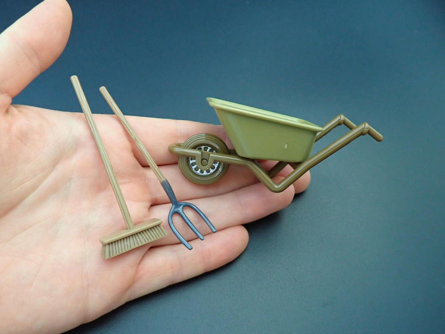 Miniature Wheelbarrow, Brush and Pitchfork. 1:12 Scale Dollhouse Farmyard Accessories