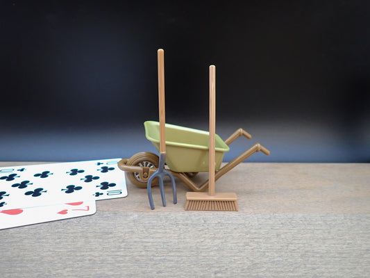 Miniature Wheelbarrow, Brush and Pitchfork. 1:12 Scale Dollhouse Farmyard Accessories