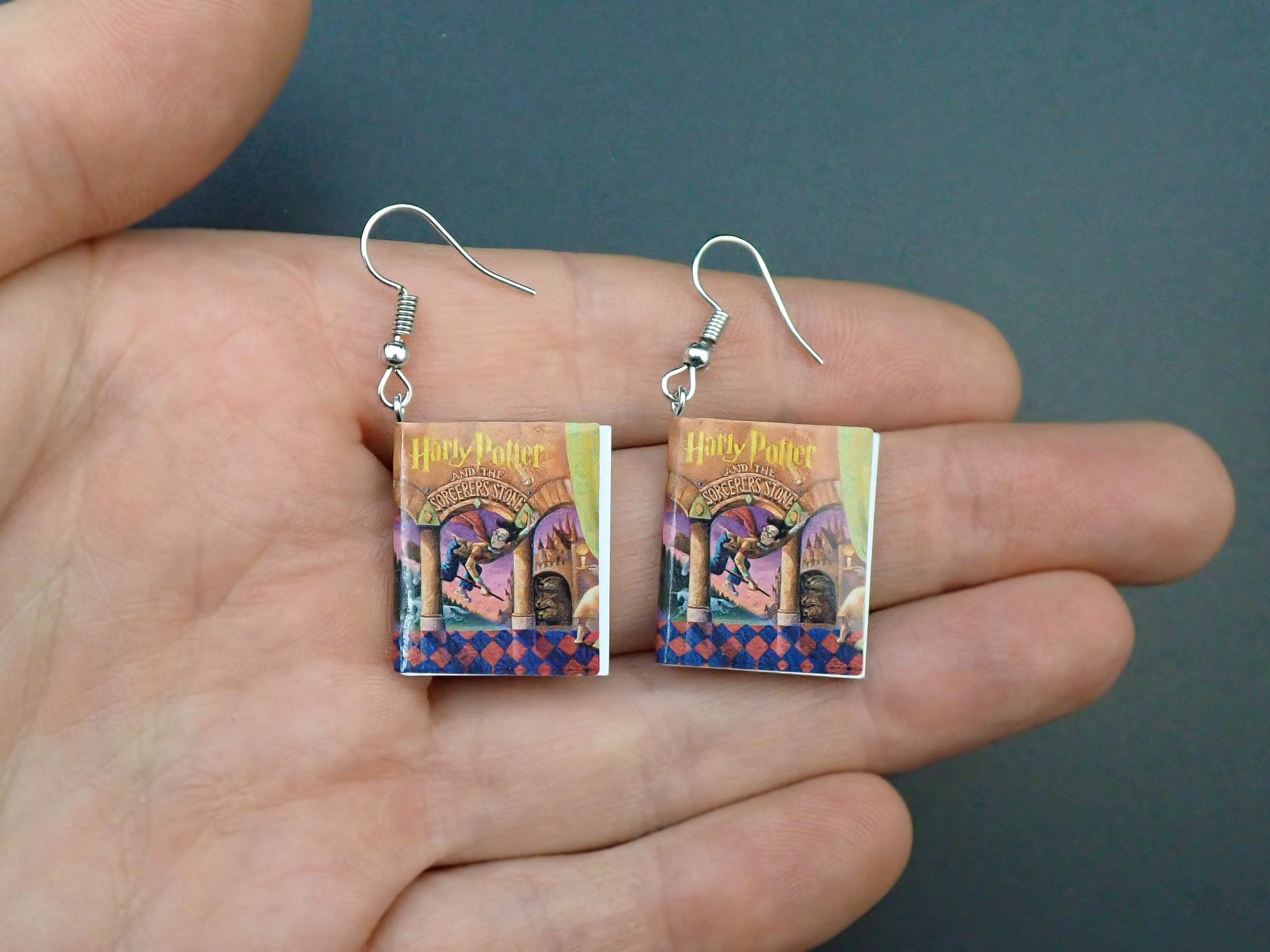 Harry Potter Book Earrings Worn Dangle Jewelry Side View