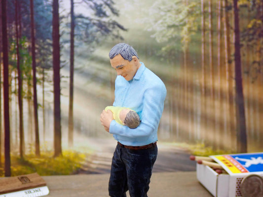 Man Holding Baby Infant. 1:16 Scale. Hand-Painted Realistic Figure. 4 Inches Tall