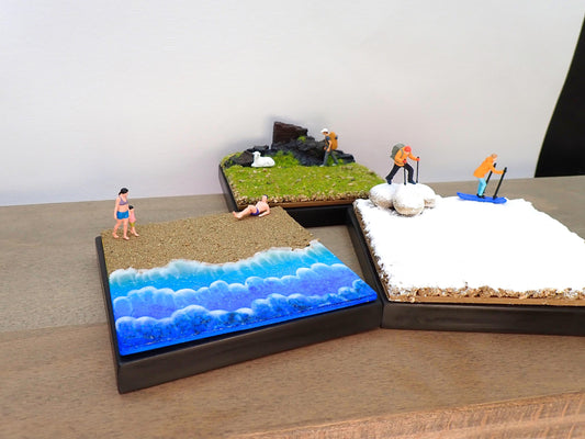Miniature Diorama Base – Beach, Mountain, Snow Scene. 1/64 1/87 HO Scale. Handmade Display for Die-Cast Cars & Model Figures