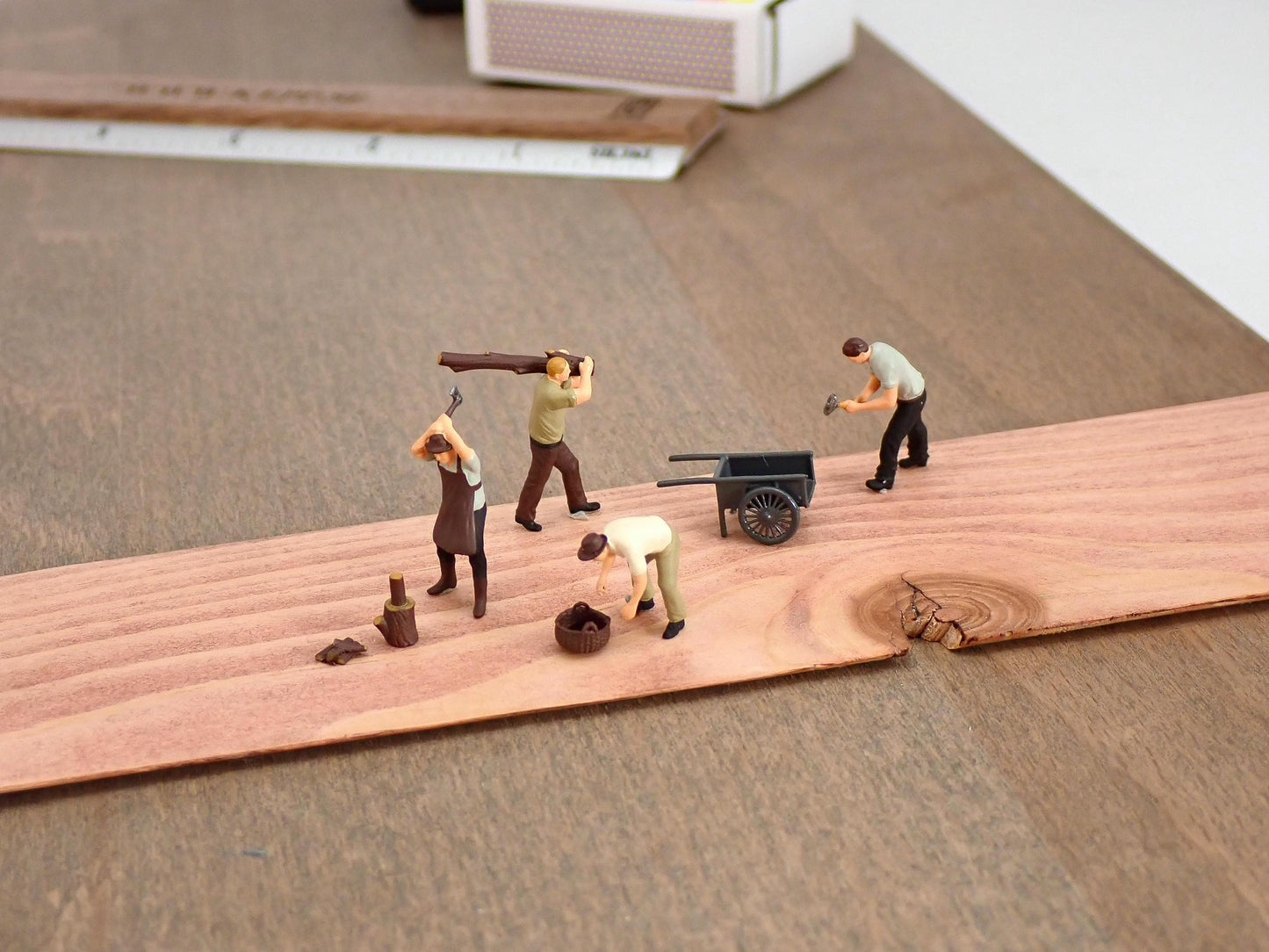 Hand-Painted Woodcutters 9 Piece Set 1:87 Scale Miniature Lumberjack with Wheelbarrow and Logs HO Scale