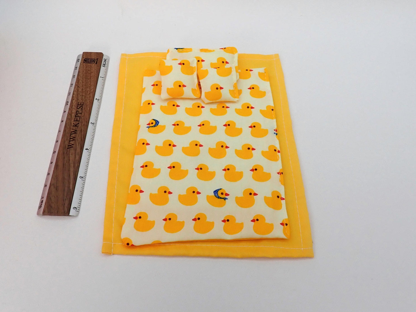 Dollhouse Bedding Set 1:12 Scale. Handmade Miniature Doll Bed Sheet Duvet & Pillows, Duck Star or Cherry Print