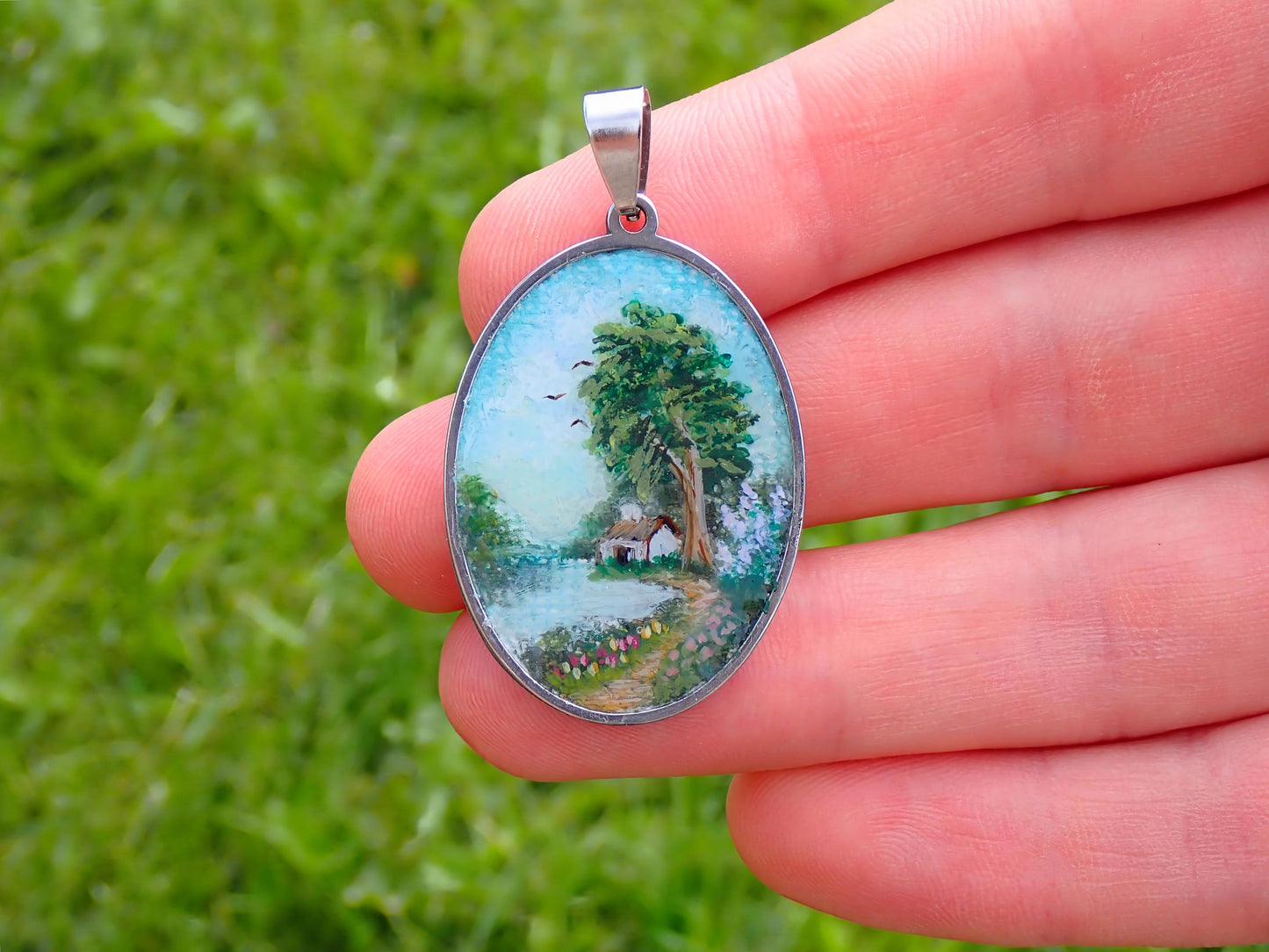 Hand Painted Miniature Landscape Pendant, One of a Kind Wearable Art Necklace, Oval Resin Nature Jewelry with 3D Scene, Gift for Her