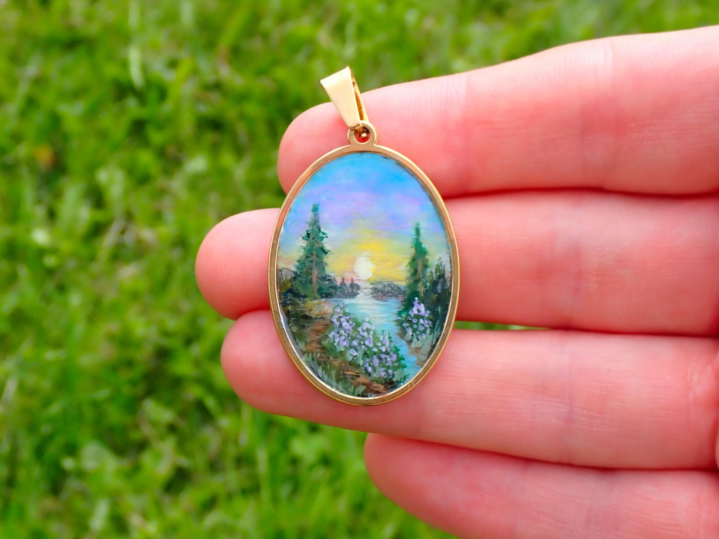 Hand Painted Miniature Landscape Pendant, One of a Kind Wearable Art Necklace, Oval Resin Nature Jewelry with 3D Scene, Gift for Her