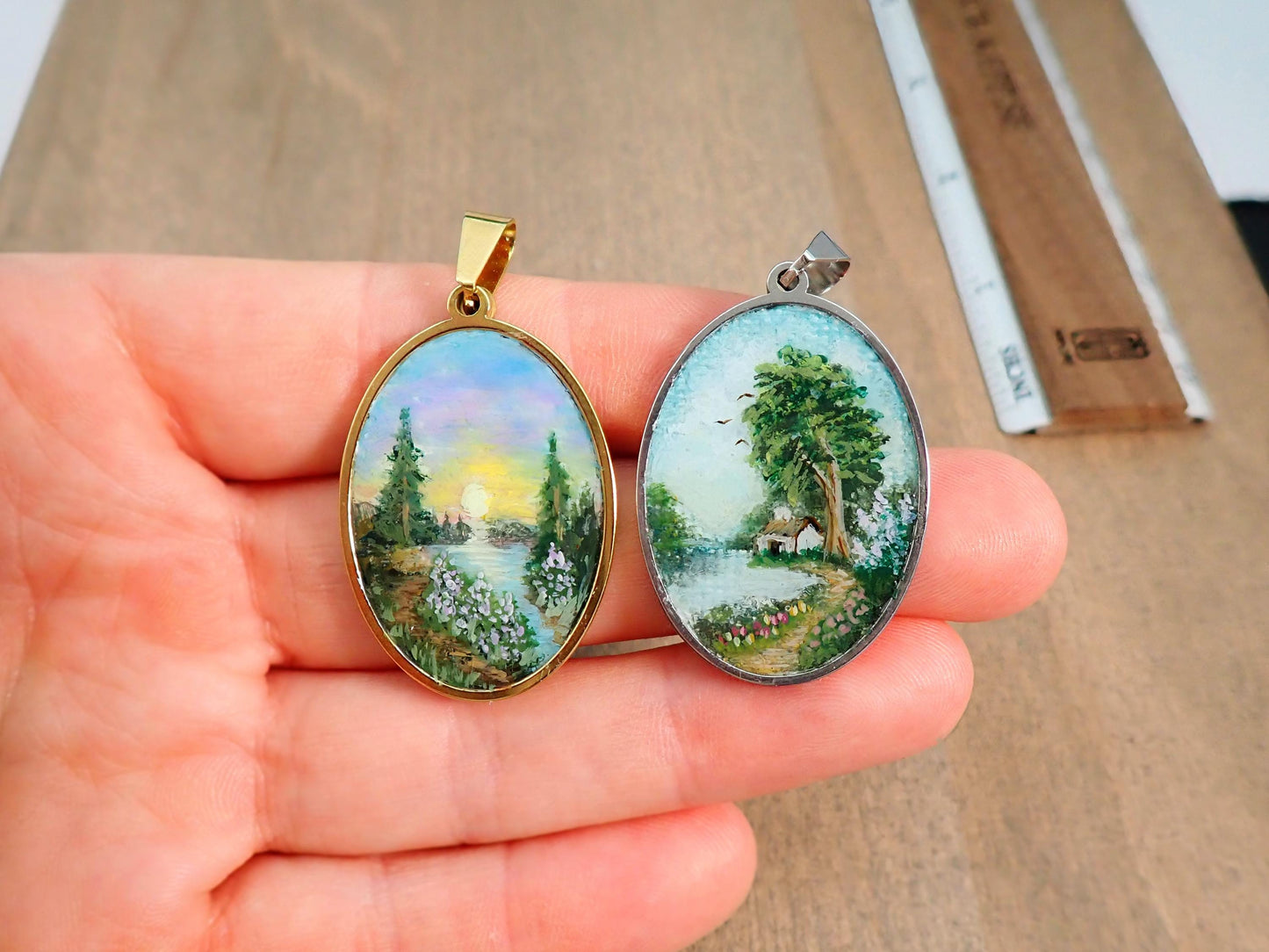Hand Painted Miniature Landscape Pendant, One of a Kind Wearable Art Necklace, Oval Resin Nature Jewelry with 3D Scene, Gift for Her