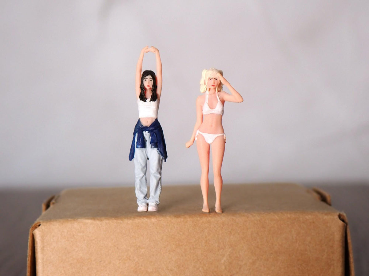 Girl Figures with Painted Faces. White Bikini, Stretching in Jeans. 1:64 S Scale Hand Painted Miniature People for Dioramas