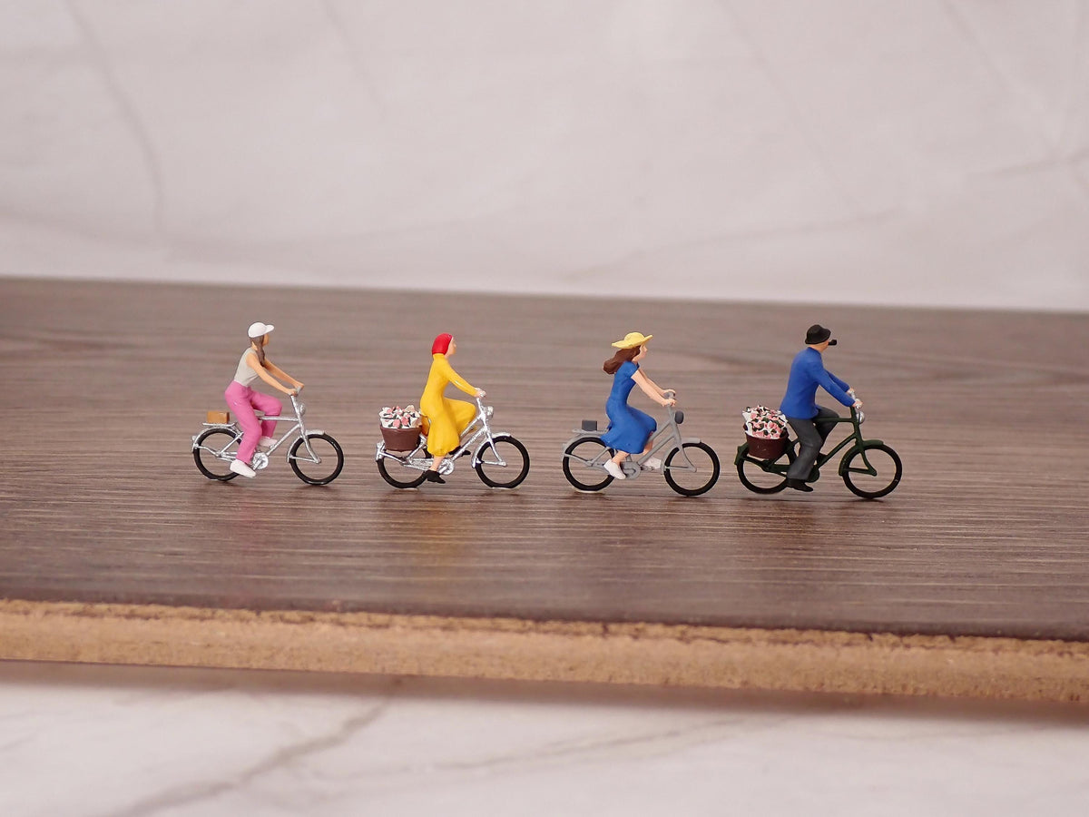 HO Scale Cyclists Set of 4. Hand Painted 1:87 Figures Riding Bicycles. Model Railroad Diorama People