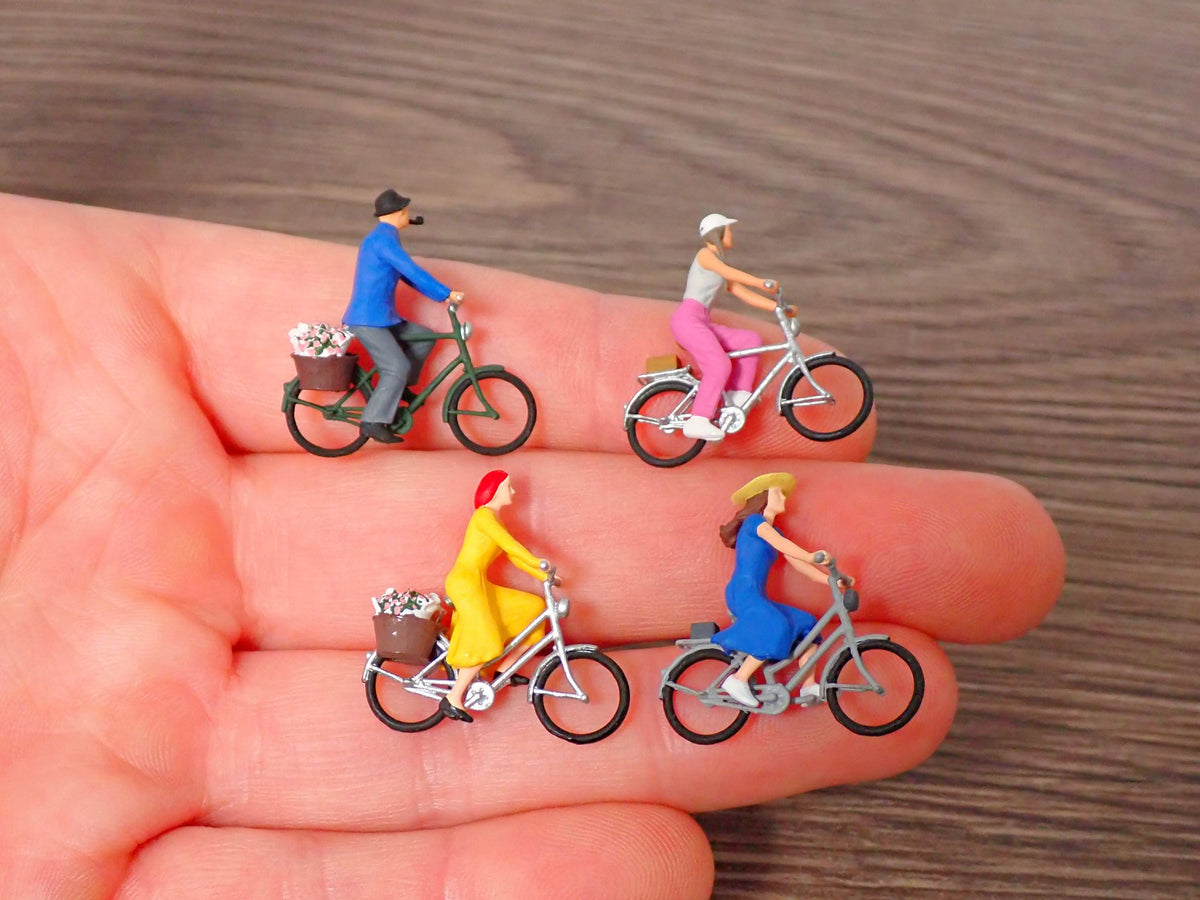 Cyclists Set of 4. Hand Painted 1:64 Figures Riding Bicycles. S Scale Model Railroad Diorama People