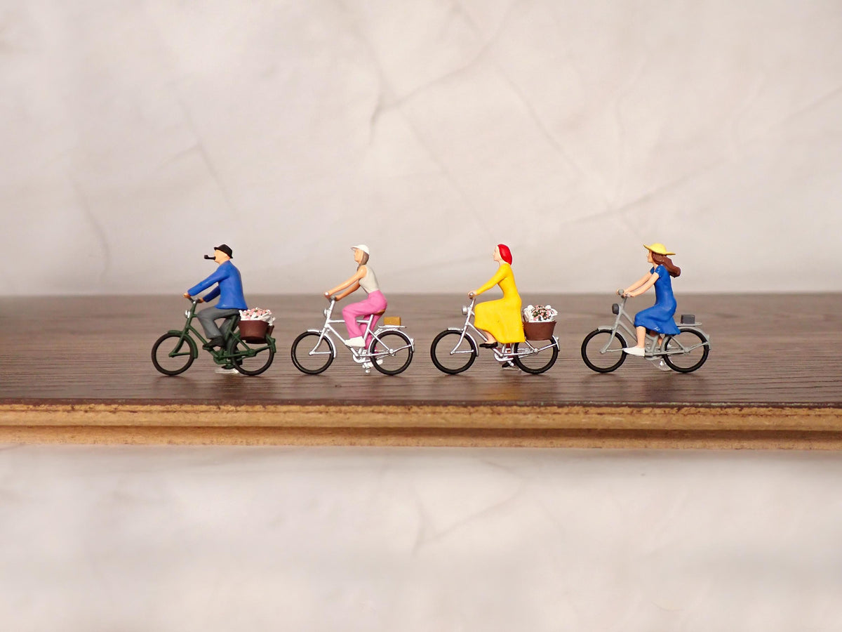 Cyclists Set of 4. Hand Painted 1:64 Figures Riding Bicycles. S Scale Model Railroad Diorama People
